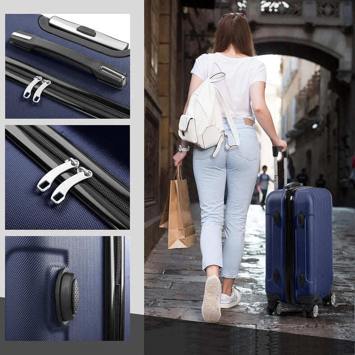 LEADZM 3er Kofferset Rollkoffer Hartschalen Reisekoffer Trolley Set Handgepäck 4 Rollen (Marineblau)