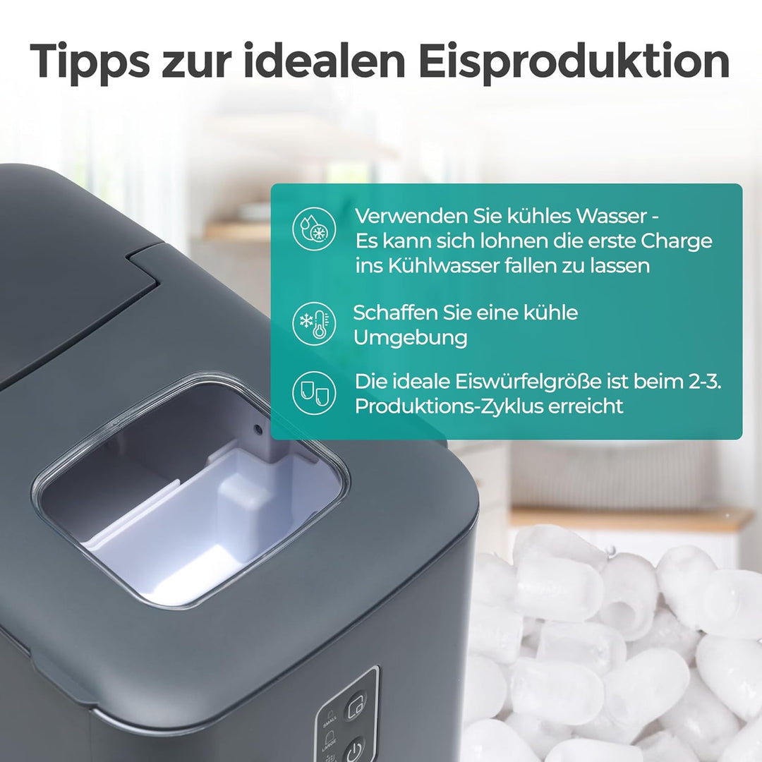 KLAMER Eiswürfelmaschine klein (2025), 8 Eiswürfel in 8 Minuten, 11 kg Eiswürfel pro Tag, 2 Eiswürfe