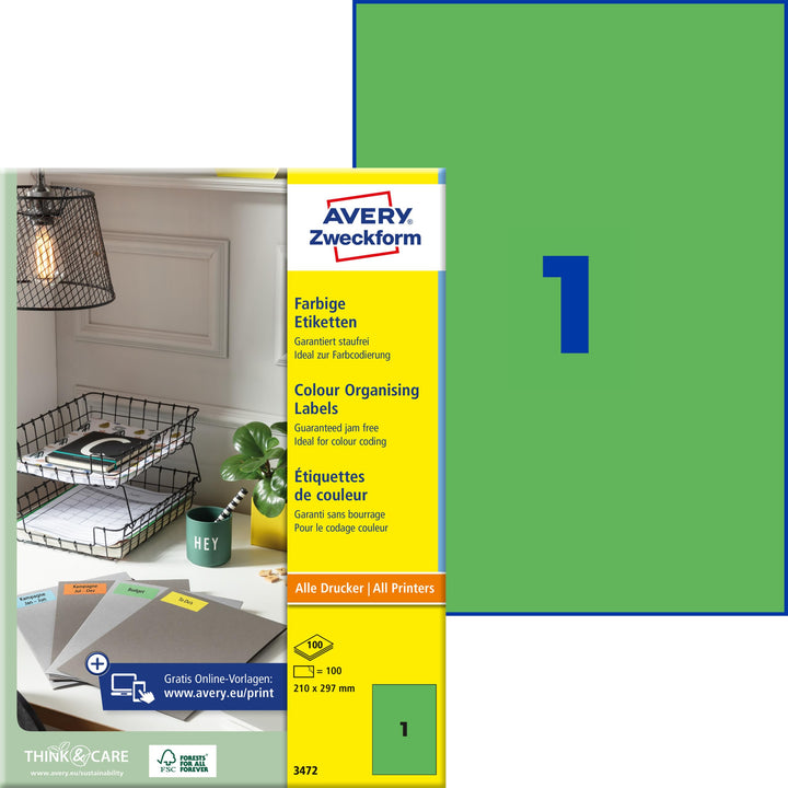 AVERY Zweckform 3472 Grüne Etiketten (100 Aufkleber, 210x297mm auf A4, permanent haftend, selbstkleb