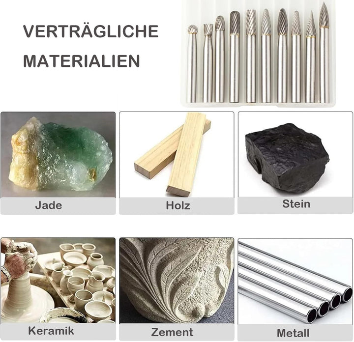 Hartmetall Frässtifte Set,10 Stück Metall Fräser Rotations Bohrer mit 6mm Schaft Hartmetallfräser,Dr