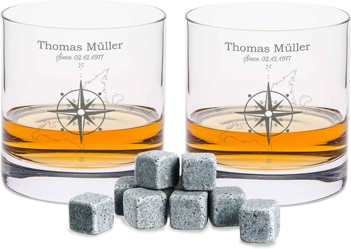 Leonardo gravierte Whiskygläser &amp; Karaffe im Set - Kompass Design - 2x Whisky Gläser personalisiert