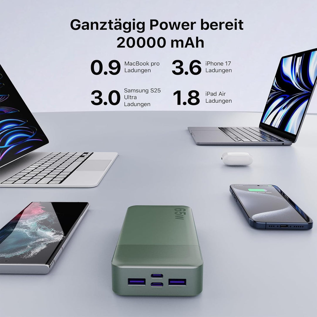 NOBIS 65W 20.000 mAh PD QC Schnelllade Powerbank mit Digitalanzeige Grün, Grün