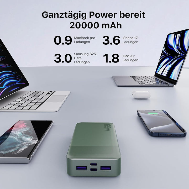 NOBIS 65W 20.000 mAh PD QC Schnelllade Powerbank mit Digitalanzeige Grün, Grün