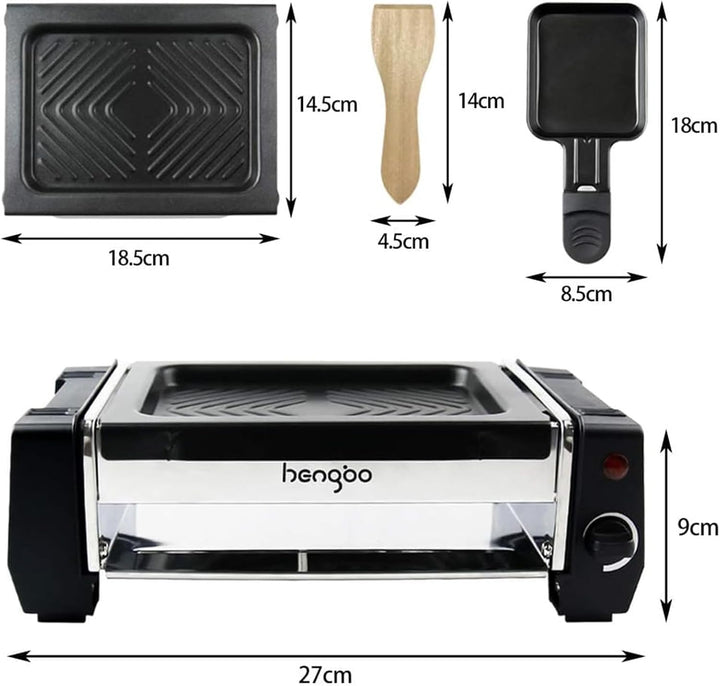 HengBO Mini Raclette, Raclette Grill für 1 bis 2 Personen, Antihaftbeschichteten Grillplatte, 2 Pfan