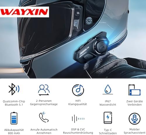 WAYXIN T2 Motorrad Headset mit Gegensprechanlage,Helm Kommunikationssystem für 2 Personen in Reichwe