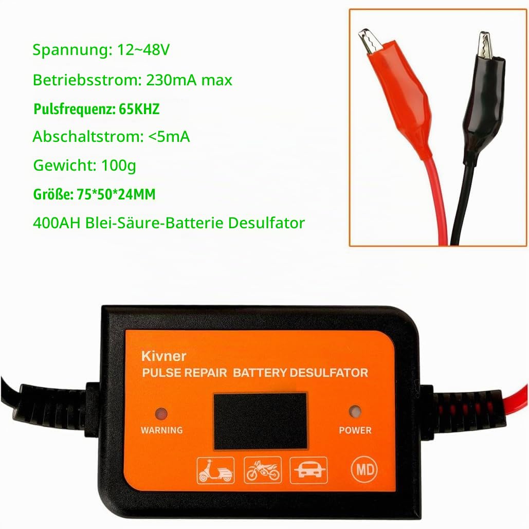 Batteriepulser 12V/24V/36V/48V Automatik - Bleiakku Regenerator &amp; Desulfatierer für Auto, Motorrad,