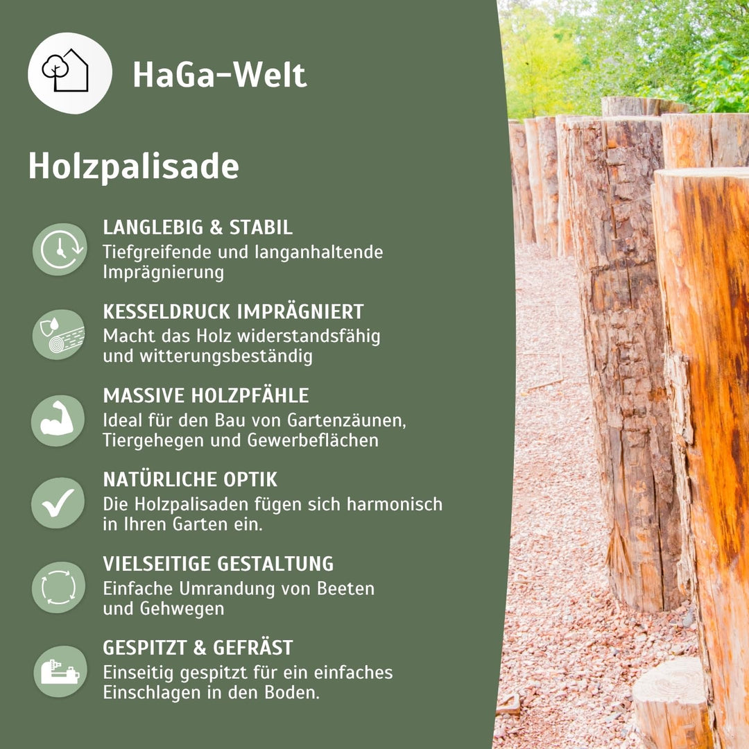 HaGa® Palisade Holzpalisade 8cmØ x 50cm Höhe - 10 St. Holzpfahl Baumpfahl Pfahl - Zaunpfahl aus Kief