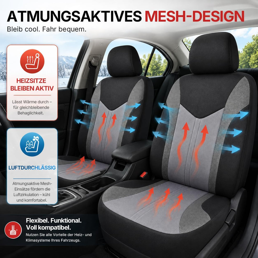 TOYOUN Universal Autositzbezüge Vordersitze Für Sedan Van SUV Grau/Schwarz | Atmungsaktives 3D Sandw