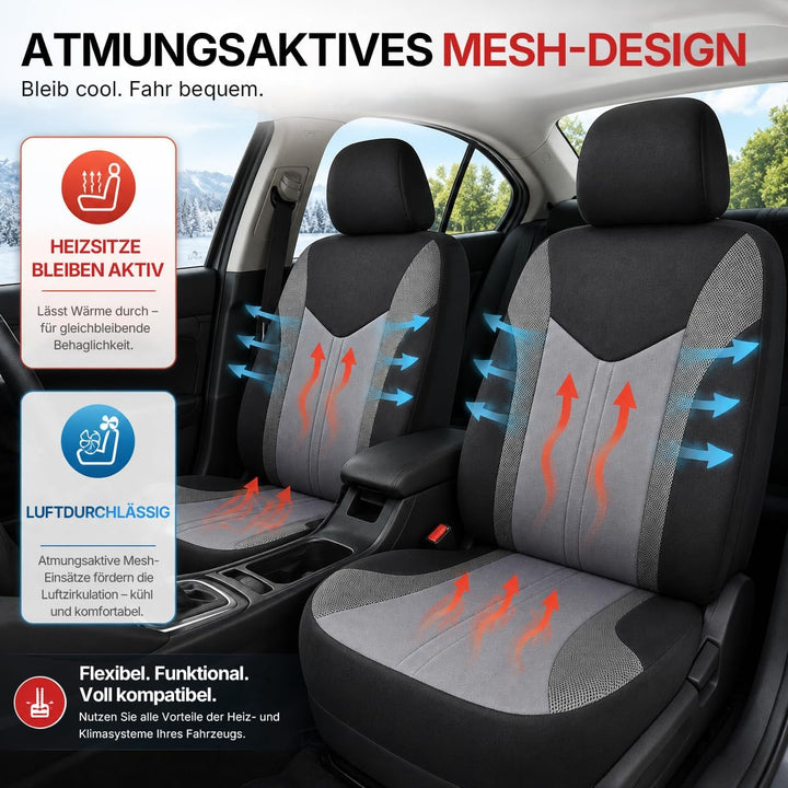 TOYOUN Universal Autositzbezüge Vordersitze Für Sedan Van SUV Grau/Schwarz | Atmungsaktives 3D Sandw