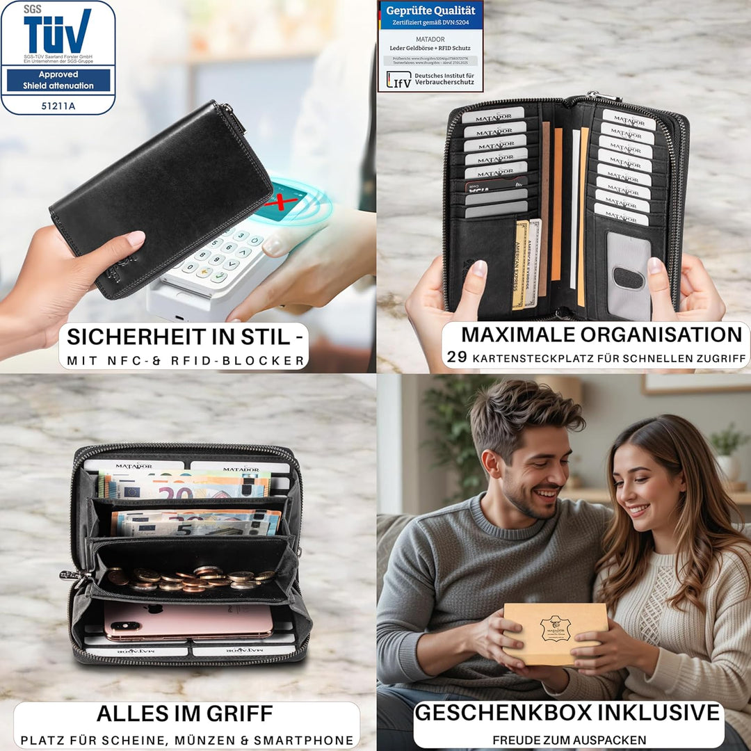MATADOR Damen/Frauen Geldbörse TÜV Geprüfter RFID & NFC Schutz Portemonnaie Rinds Leder Geldtasche m