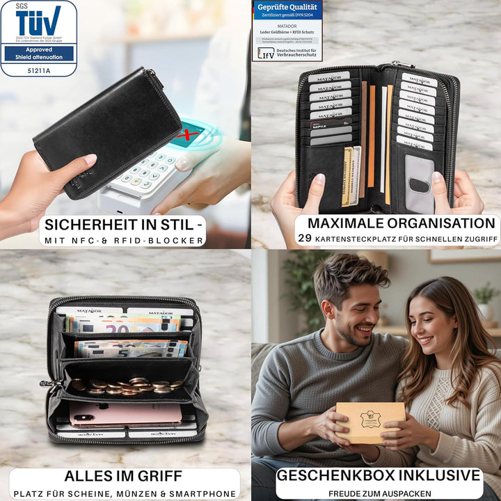 MATADOR Damen/Frauen Geldbörse TÜV Geprüfter RFID & NFC Schutz Portemonnaie Rinds Leder Geldtasche m