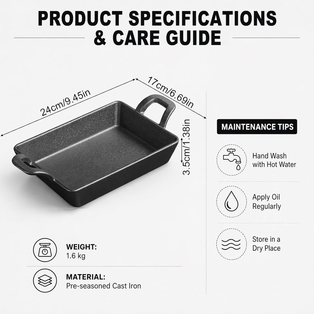 RANJIMA Grillpfanne Gusseisen, 24x17 cm Grillplatte mit Zwei Griffen, Cast Iron Pan Gusspfanne Steak