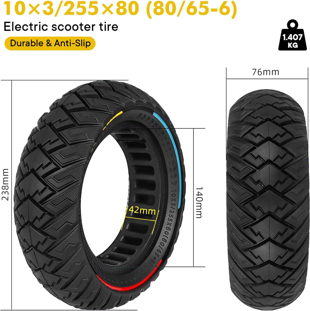 10 x 3 Zoll E Scooter Solid Reifen，255 x 80 (80/65-6) Vollgummireifen für Kukirin G3/Kaabo Wolf Warr