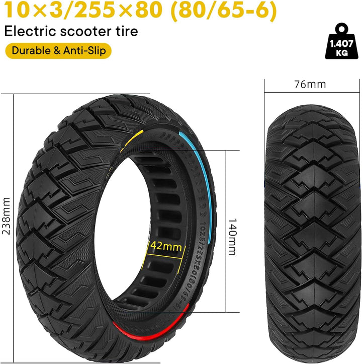 10 x 3 Zoll E Scooter Solid Reifen，255 x 80 (80/65-6) Vollgummireifen für Kukirin G3/Kaabo Wolf Warr