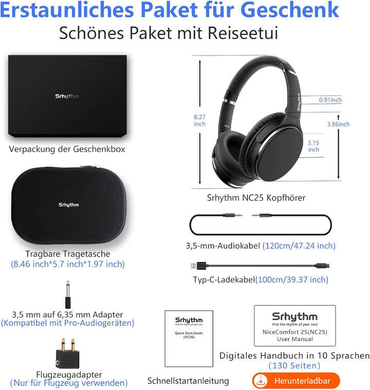 Noise Cancelling Kopfhörer Leichte,Srhythm NC25 Over Ear ANC Kopfhoerer Bluetooth Kabellos Faltbar m