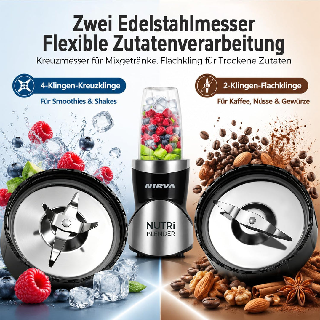 Nirva 4 in 1 Mini Mixer, Smoothie Maker mit 4 Tragbare, Mixbechern Zweiblatt und Vierblatt Edelstahl