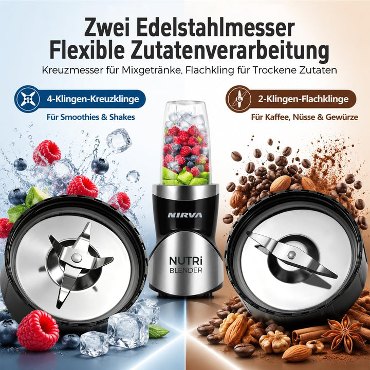 Nirva 4 in 1 Mini Mixer, Smoothie Maker mit 4 Tragbare, Mixbechern Zweiblatt und Vierblatt Edelstahl