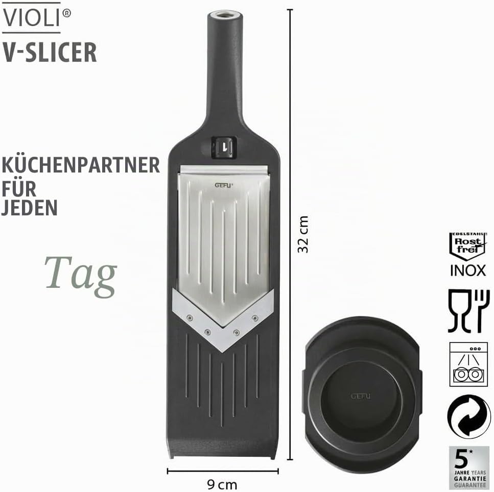 GEFU Gemüsehobel VIOLI - V-Hobel für perfekte Obst- & Gemüsescheiben und -streifen, Gemüse-Reibe mit