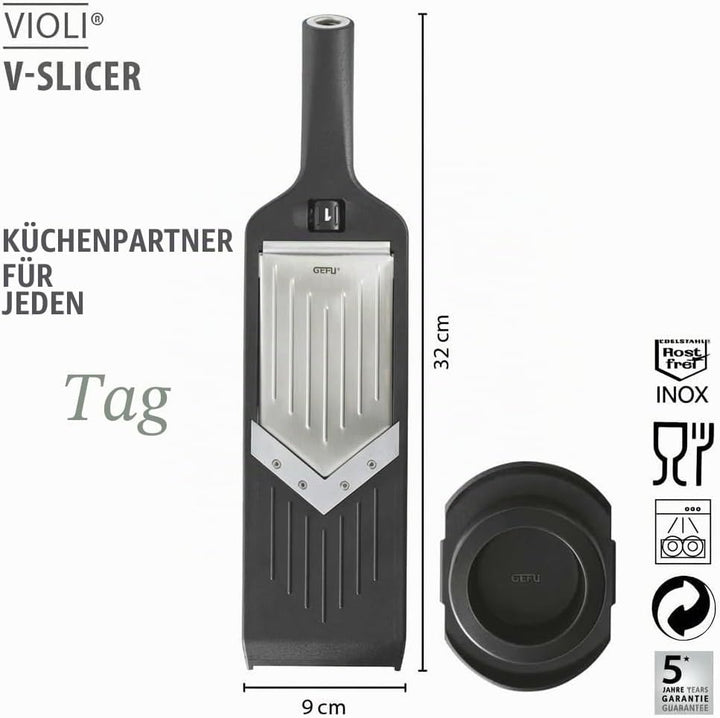 GEFU Gemüsehobel VIOLI - V-Hobel für perfekte Obst- & Gemüsescheiben und -streifen, Gemüse-Reibe mit