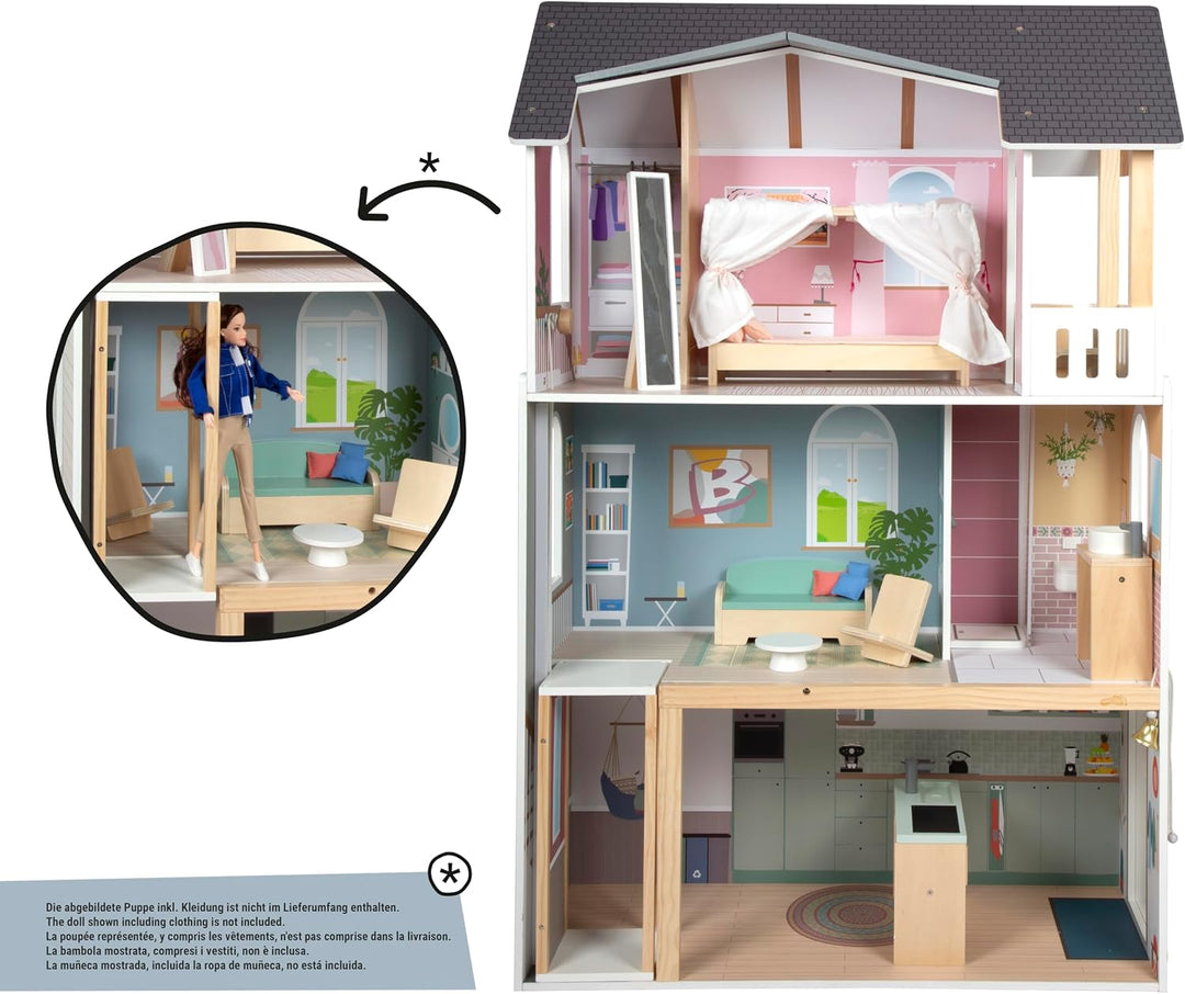 small Foot Puppenhaus Traumvilla XL aus Holz, 3 Etagen mit Aufzug, mit umfangreichem Zubehör, für Mo