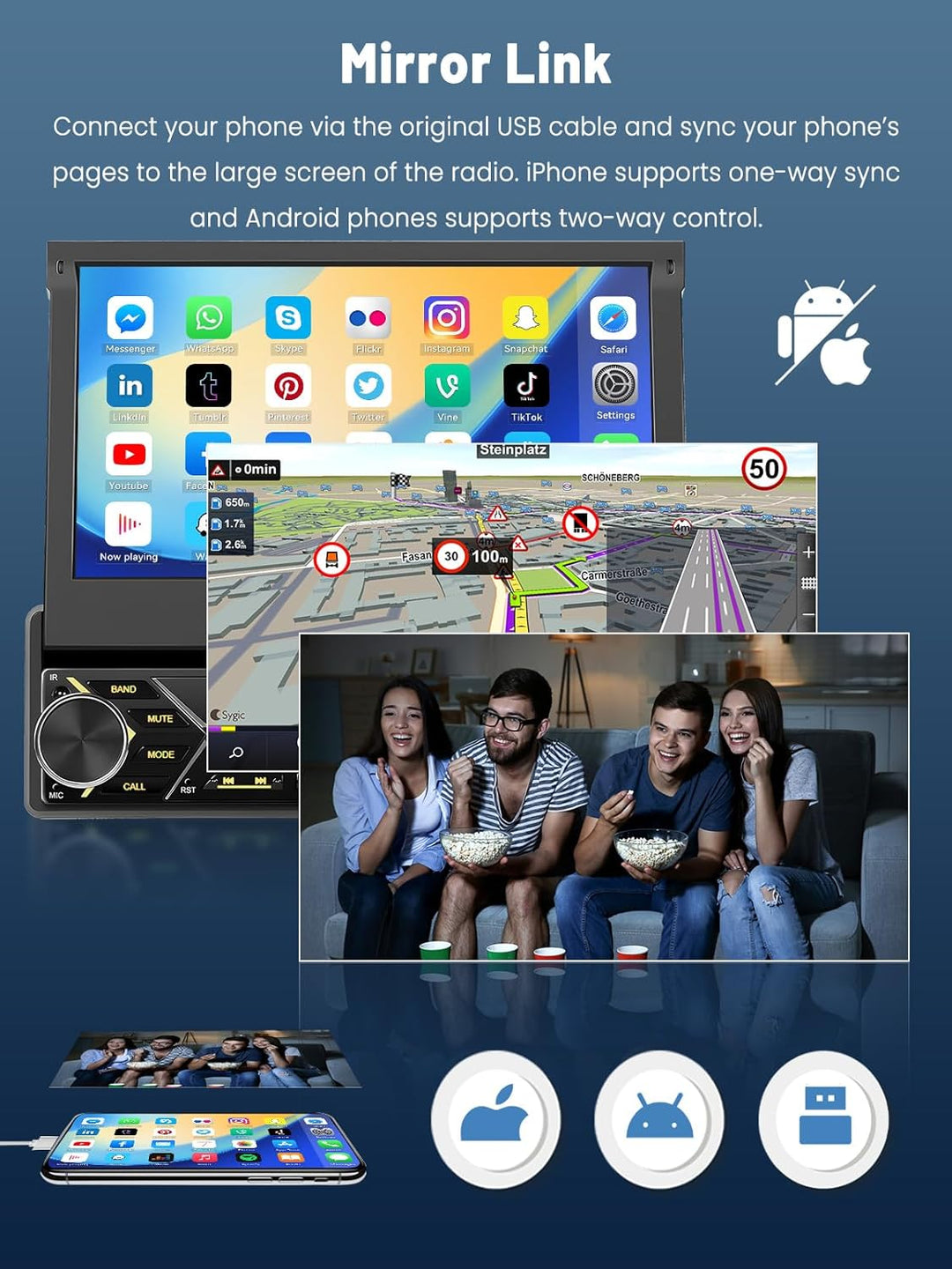 DAB/DAB+ Autoradio 1 DIN mit Ausfahrbarem 7-Zoll-Bildschirm, Unterstützt Wireless Carplay & Android