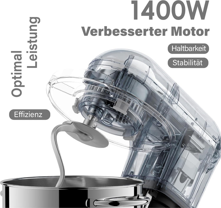 Kitchen in the box Küchenmaschine, 7,5 L Knetmaschine 1400 W, 6 Geschwindigkeits Teigmaschine mit Rü