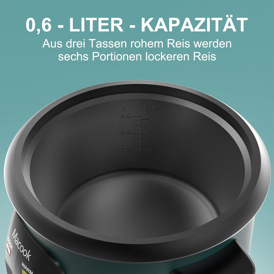 0.6 L Mini-Reiskocher 3-Tassen ungekocht, Macook Tragbarer Antihaft-Reis-Kocher, 15 Minuten schnelle