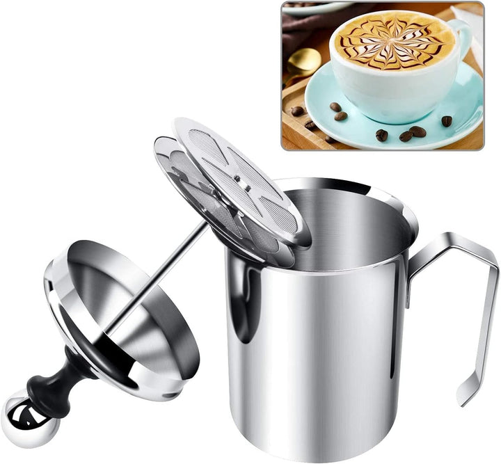 Zerodis Manueller Milchaufschäumer aus Edelstahl mit doppeltem Netz, 400 ml/800 ml, für Latte, Cappu