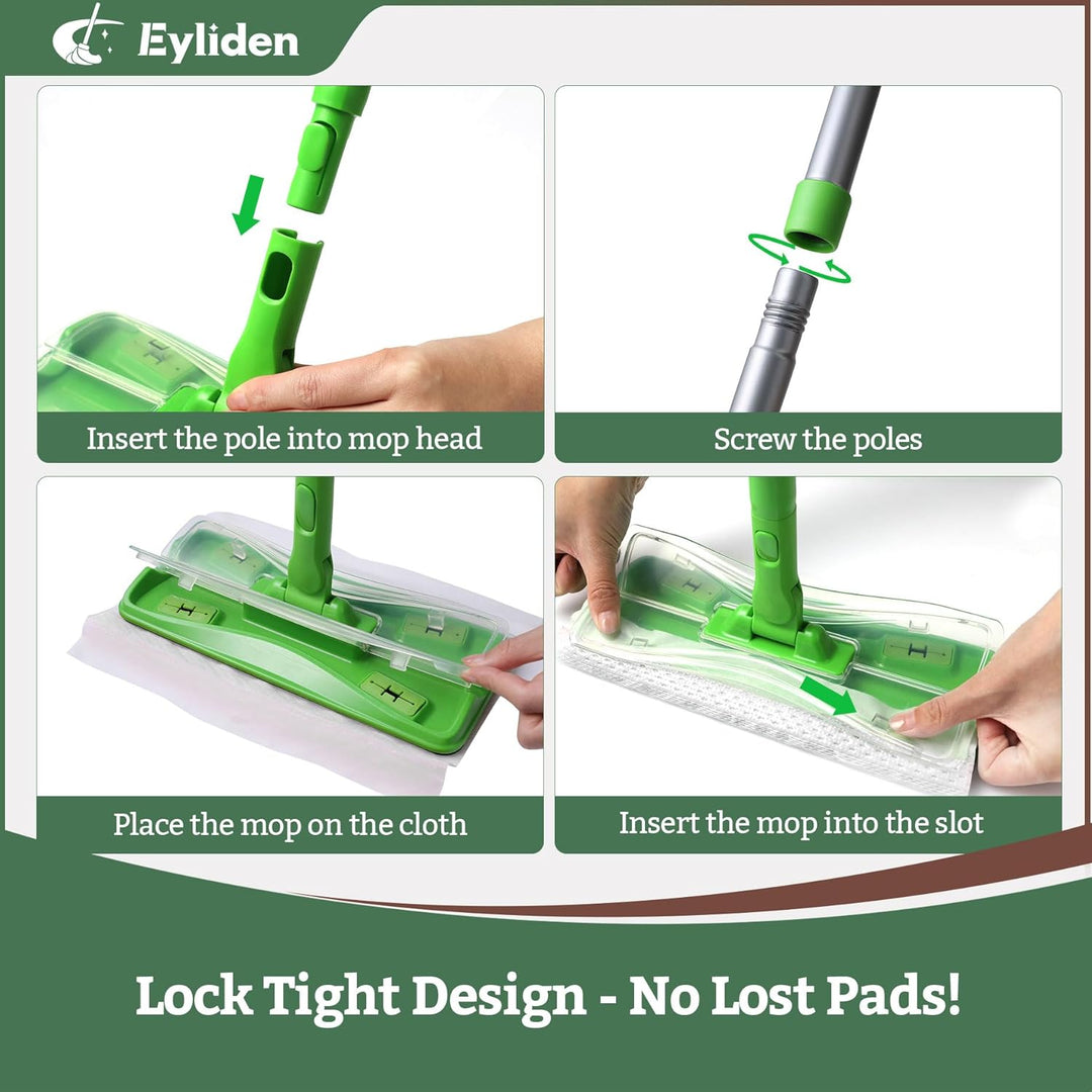 Eyliden Bodenwischer Starter-Set, 1 Stab + 24 Trockene Bodentücher + 12 Feuchte Bodentücher, 3-in-1