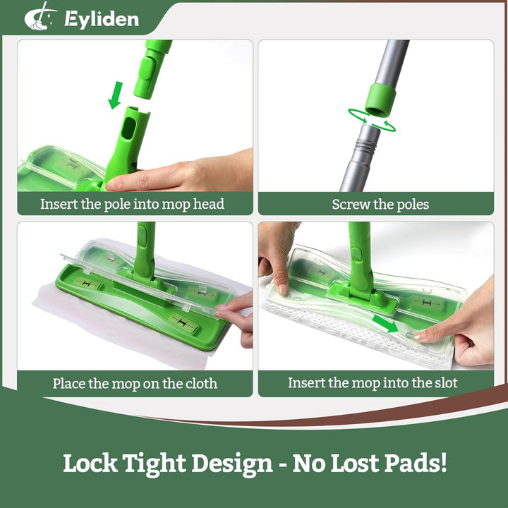 Eyliden Bodenwischer Starter-Set, 1 Stab + 24 Trockene Bodentücher + 12 Feuchte Bodentücher, 3-in-1