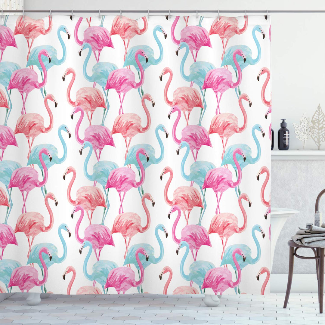 ABAKUHAUS Aquarell Duschvorhang, Hawaii Flamingos, Stoffliches Gewebe Badezimmerdekorationsset mit H