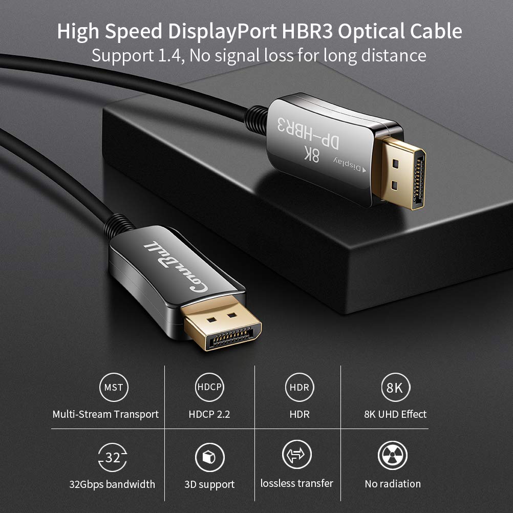 DisplayPort Kabel 70m DP1.4 Glasfaserkabel Unterstützung 4K@144Hz, 8K@60Hz, 32,4 Gbit/s, HDR10, HDCP