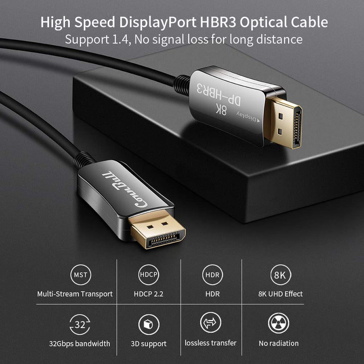 DisplayPort Kabel 70m DP1.4 Glasfaserkabel Unterstützung 4K@144Hz, 8K@60Hz, 32,4 Gbit/s, HDR10, HDCP