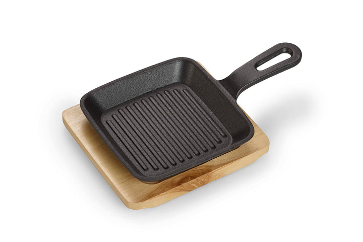 ECHTWERK Servierpfanne aus Gusseisen, Quadratische Auflaufform mit Servierbrett, Grillstreifen, Bere