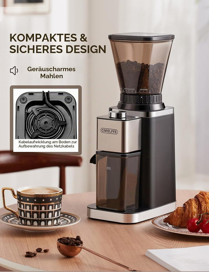 CAFELFFE Elektrische Kaffeemühle für Siebträger und Behälter, 48 einstellbare Mahlstufen mit Antista
