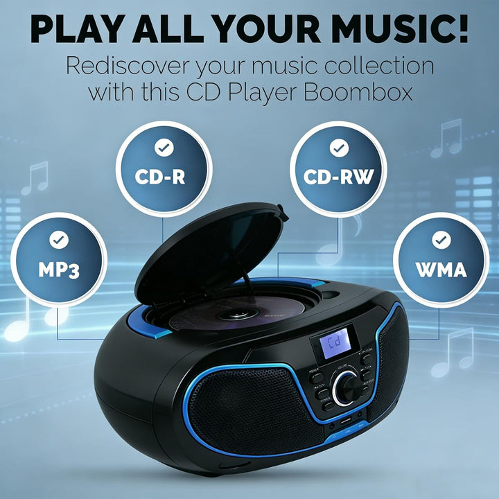 Tragbar CD Player Boombox Bluetooth - mit UKW Radio, USB Eingang & AUX & Kopfhörern Ports, 2 x 2 Wat