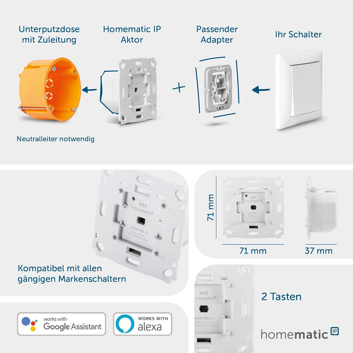 Homematic IP Smart Home Jalousieaktor für Markenschalter, digitale Steuerung von 1 Jalousie oder Raf