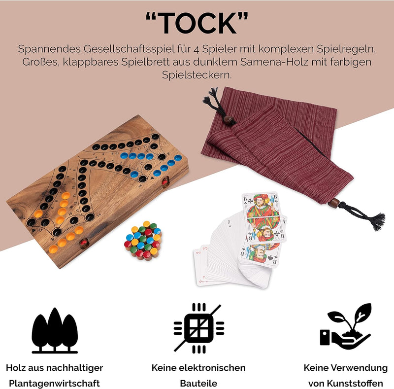 LOGOPLAY Tock für 4 Spieler - Gesellschaftsspiel mit Spielkarten - Brettspiel aus Holz mit zusammenk