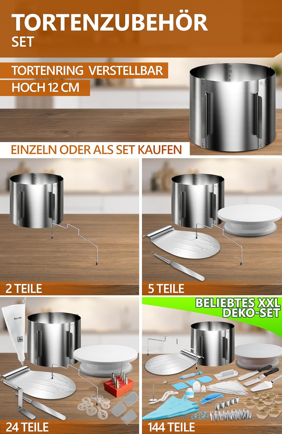 4smile Torten-Zubehör-Set 5 Teile - Tortenring verstellbar hoch 15 cm + Tortenschneider + Tortenhebe