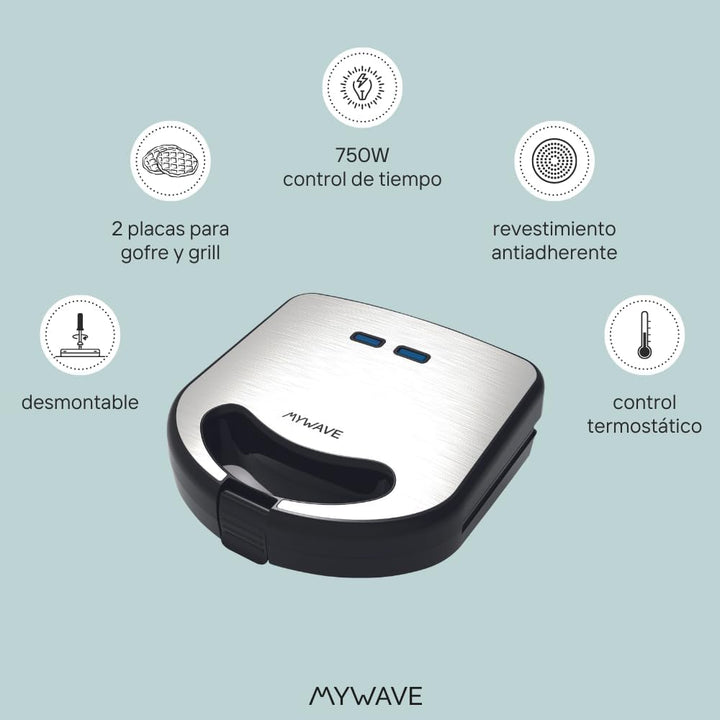 My Wave - Sandwich Maker 2 in 1 - Grill Sandwich Griddle Grillplatte - abnehmbar, Antihaftbeschichtu