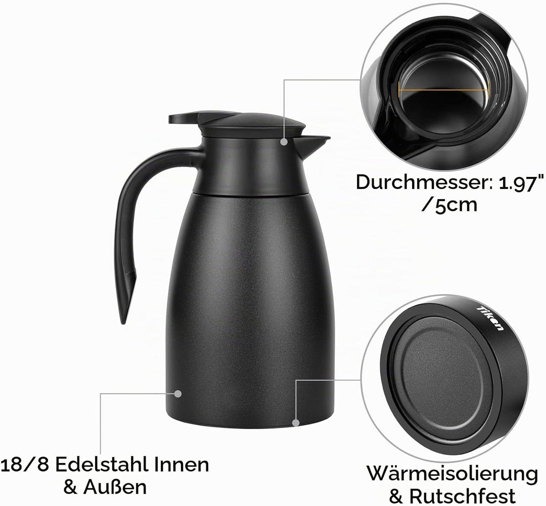 Tiken 1.5L Thermoskanne Edelstahl Doppelwandige Vakuumisolierung Isolierkanne Kaffeekanne Schwarz Sc