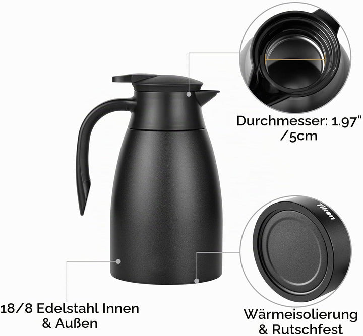 Tiken 1.5L Thermoskanne Edelstahl Doppelwandige Vakuumisolierung Isolierkanne Kaffeekanne Schwarz Sc