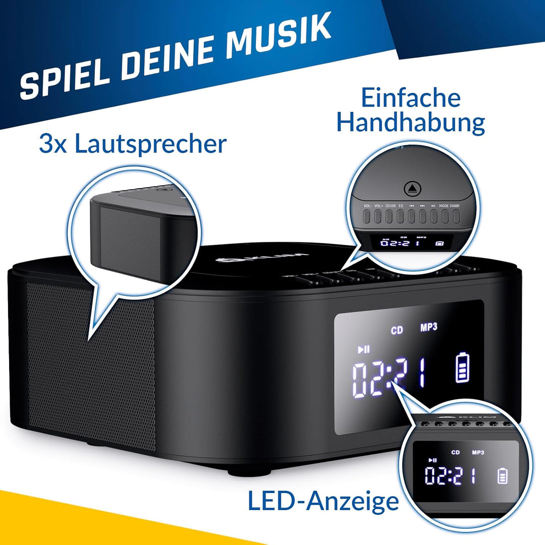 KLIM Boombox E1 Radio mit CD Player + BASS Boost mit Tieftöner + FM Radio, MP3, Bluetooth, AUX, USB,