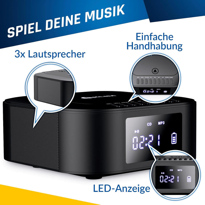 KLIM Boombox E1 Radio mit CD Player + BASS Boost mit Tieftöner + FM Radio, MP3, Bluetooth, AUX, USB,
