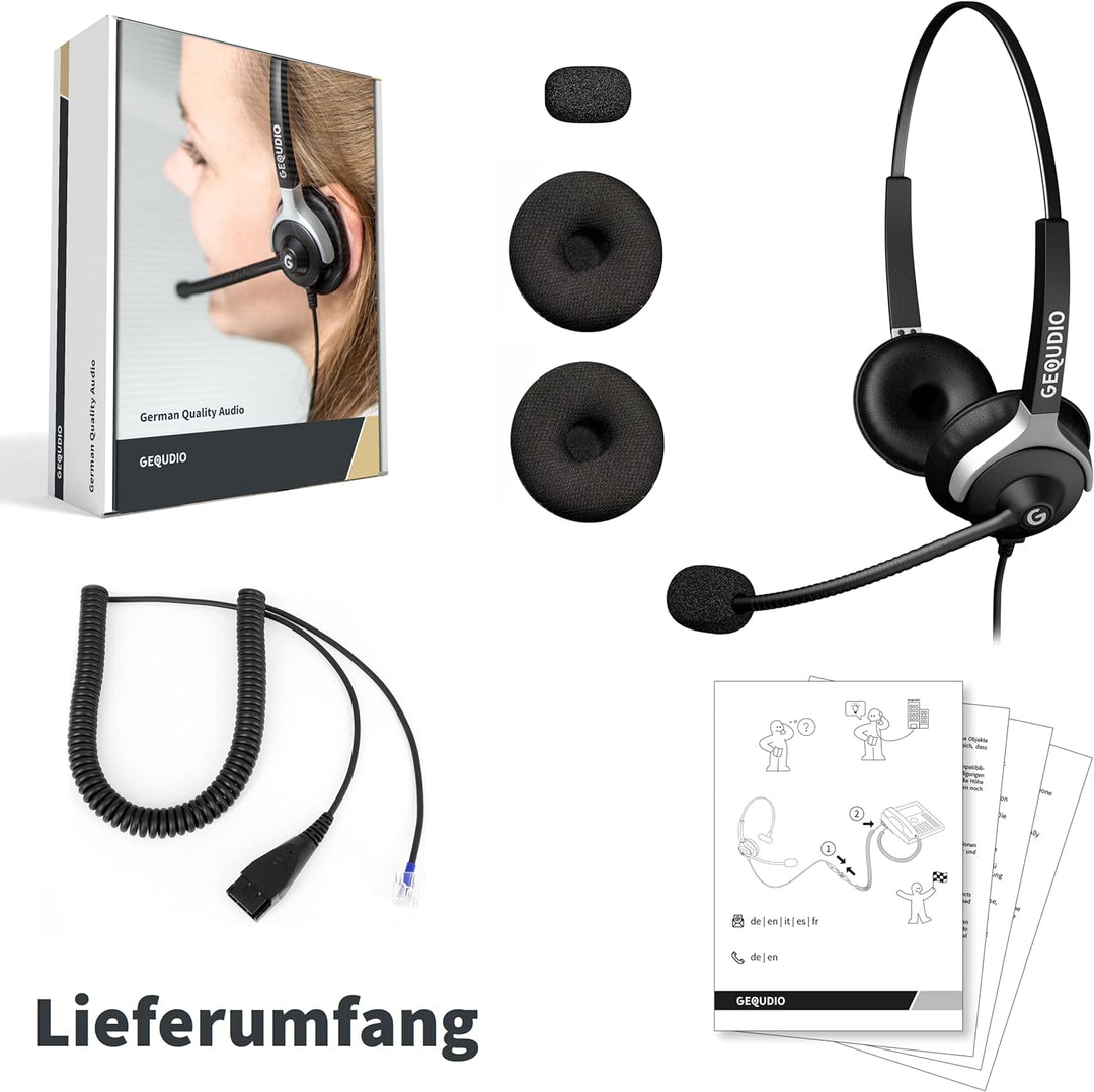 GEQUDIO Headset kompatibel mit Cisco Telefon - inklusive RJ Kabel - Kopfhörer & Mikrofon mit Ersatz