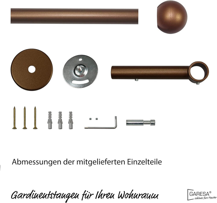 Garesa Gardinenstange Bolti Ø 16mm, 1-läufig, Bronze I Stabile Vorhangstange ohne Ringe I Mit Endkno
