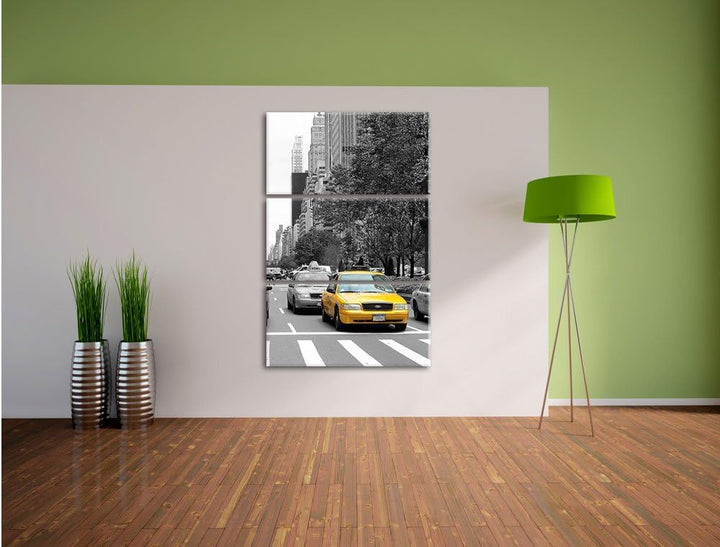 Pixxprint Taxis in New York schwarz/weiss 3-Teiler Leinwandbild 120x80 Bild auf Leinwand