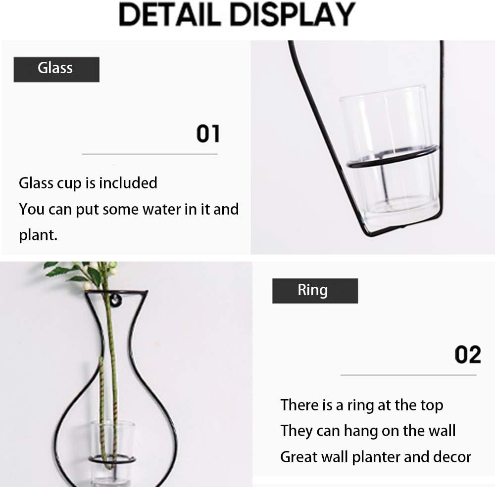 NUPTIO Satz von 5 Wandbehang Pflanzgefässe mit Glasbecher Vasen, Eisen Metallständer für Wasser Pfla