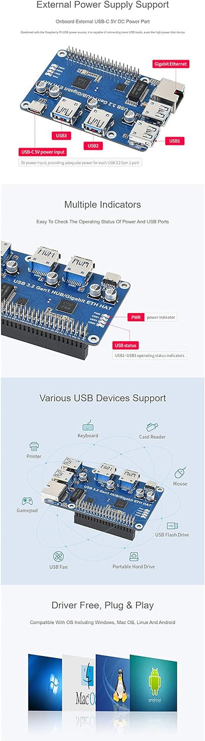 USB 3.2 Gen1 and Gigabit Ethernet HUB HAT for Raspberry Pi Series Board, 3X USB 3.2 Gen1, 1x Gigabit