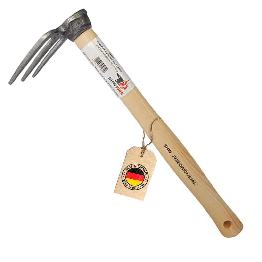 SHW-FIRE Handhacke: 3-Zinken Gartenhacke mit Eschenholzstiel - 40cm kurz - hochwertig geschmiedet